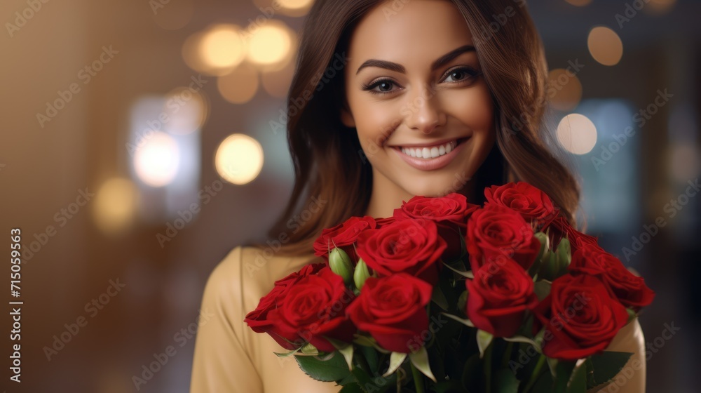 Smiling lady holding a beautiful bouquet of red roses. Lights at the background. AI Generated Smiling lady holding a beautiful bouquet of red roses. Lights at the background. AI Generated