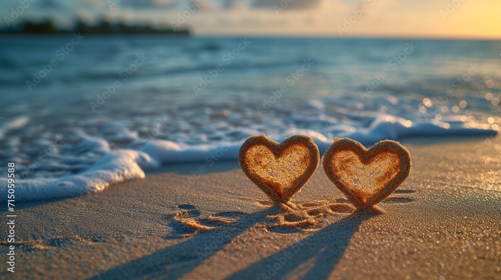 Fototapeta premium Two Heart Shaped Cookies Resting on Sandy Beach Shore Near the Water