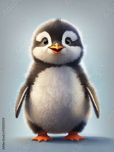 Side profile of a very, very cute and fluffy little penguin smiling with its beak open in the style of a children’s book illustration