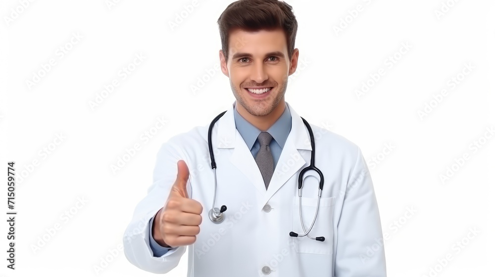 Against a neutral gray backdrop, a young doctor exudes confidence and positivity, wearing a white coat and flashing a bright smile with a raised thumb.
