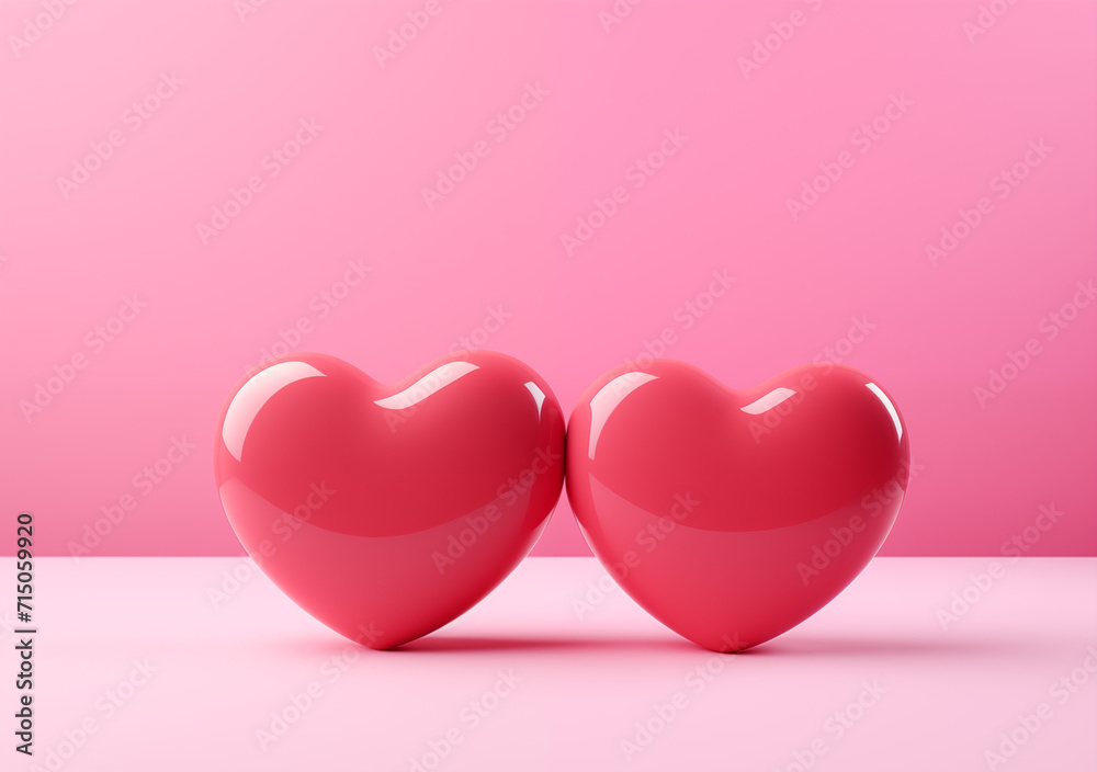 Two red hearts sitting on top of a pink surface Two red hearts sitting on top of a pink surface