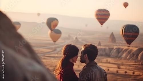 A loving couple hugging against the background of colorful hot air balloons