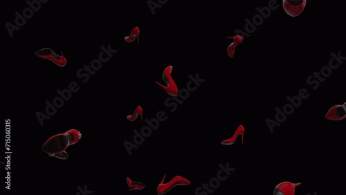 Heels shoes background. Falling red heels over alpha channel. Rain of heels across the screen. photo