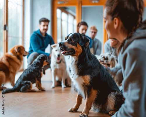 Indoor dog training session with attentive dogs and their owners in the background. Pet obedience class with copy space. Design for banner, poster.
