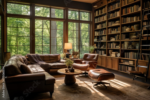 cozy library with floor-to-ceiling bookshelves and comfortable reading chairs
