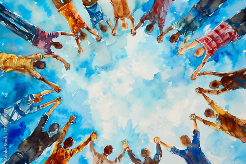 fantastic watercolor illustration of a group of people holding hands in a circle, with a beautiful blue sky in the background