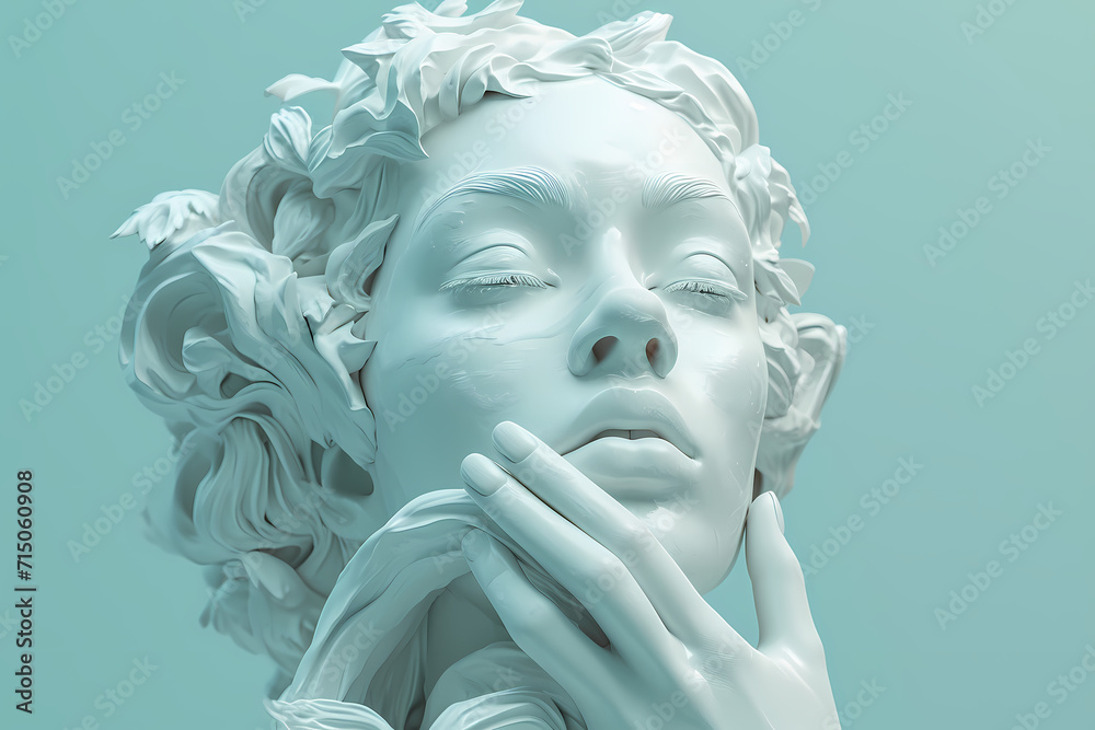 A serene and lifelike statue captures the peaceful essence of a woman lost in thought, her closed eyes adding an air of mystery and contemplation to the stunning human face sculpted with exquisite ar A serene and lifelike statue captures the peaceful essence of a woman lost in thought, her closed eyes adding an air of mystery and contemplation to the stunning human face sculpted with exquisite ar