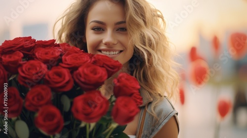 Beautiful happy smiling blonde young lady with a huge bouquet of red roses. AI Generated  photo