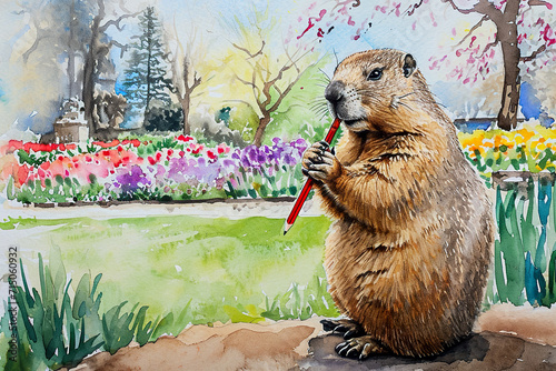 lovely watercolor painting of a groundhog holding a pencil photo