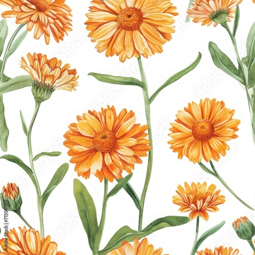 Watercolor calendula flower with leaves seamless pattern.