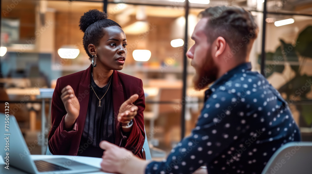 Two individuals engaged in a discussion at a table with a laptop, possibly in an office or co-working space.