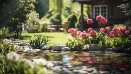 Serene garden scene with small pond surrounded by vibrant pink flowers and lush greenery, bathed in warm sunlight. Seamless looping 4K video.