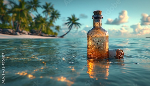 bottle with rolled up letter in it floating in water, generative ai