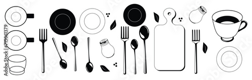 Kitchen utensils set, forks, plates, spoons, cups, salt shaker, pepper, bay leaf photo