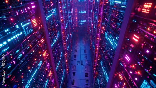 bird's-eye view, array of secure servers in a data center, top view in room, industrial area, evening, LED lights, secure, Drone Camera, generative ai.