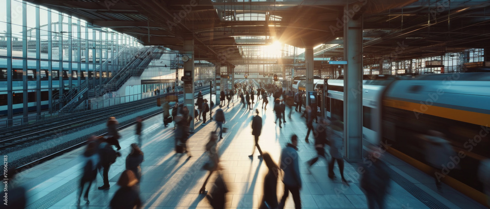 Dawn's light floods the bustling train station, where silhouettes of commuters dance in the rhythm of urban flow