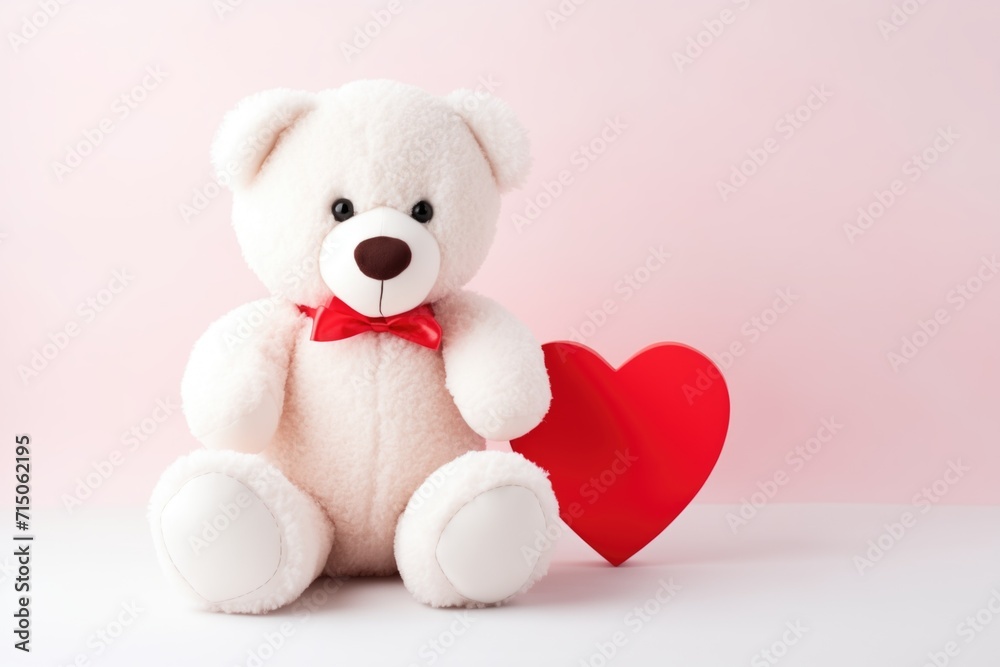 White teddy bear with red heart, on pastel pink background White teddy bear with red heart, on pastel pink background