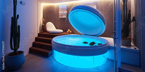 Modern floatation tank in a spa setting with ambient lighting and cactus decor. Wellness and relaxation concept with copy space. Design for banner, spa brochure, health and wellness poster
 photo