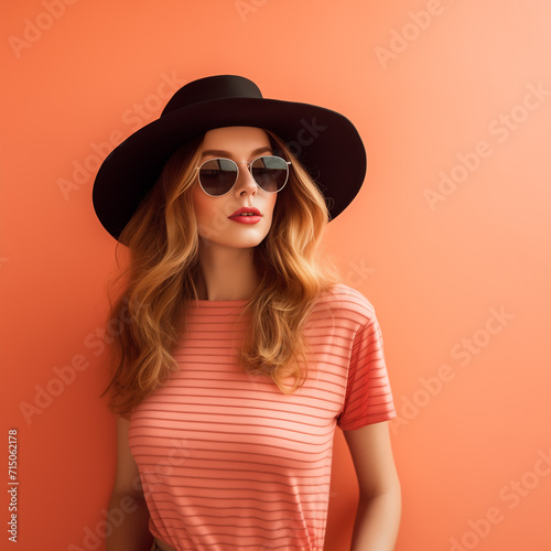 Portrait of a woman wearing a hat and sunglasses isolated on light colored background