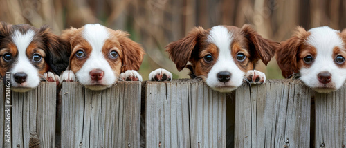Four puppy siblings peer curiously over a fence, their playful innocence a heartwarming scene of canine camaraderie photo