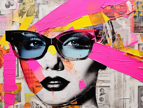Modern paper art photo collage  with portrait of beautiful women wearing sunglasses. Colorful  trendy  contemporary art.