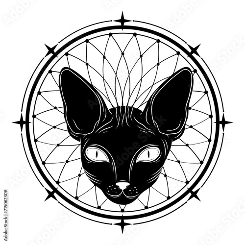 Mystical black cat. Moon, sun, grass, stars. Esoteric symbols, tattoo, logo. 