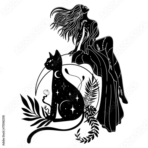 Mystical black cat. Moon, sun, grass, stars. Esoteric symbols, tattoo, logo. 