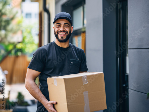 Smiling male courier in black with cap delivering package. Friendly delivery service concept with urban background
 photo