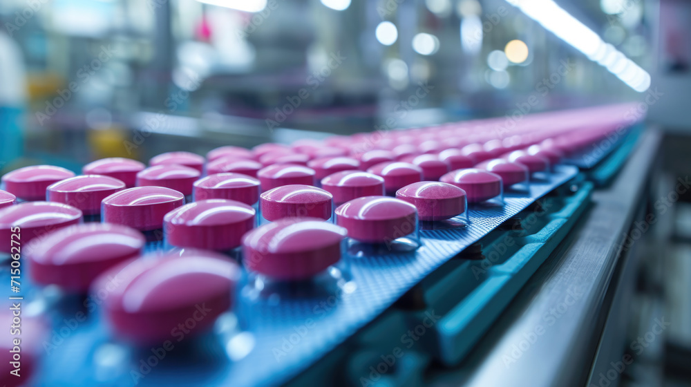 Industrial pharmaceutical production line with a series of purple capsules organized in rows on a conveyor belt - obrazy, fototapety, plakaty 