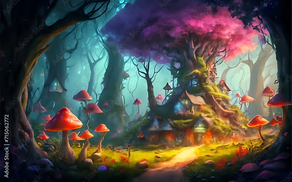 Digital fantasy forest landscape illustration with magic trees, mushrooms, concept art style painting with nature. Summer village artwork with wonderful colors, 3d render generative ai