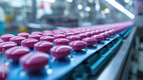 Industrial pharmaceutical production line with a series of purple capsules organized in rows on a conveyor belt photo
