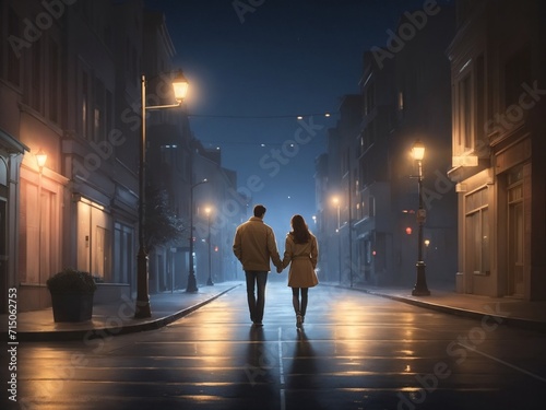 Late-Night Stroll  Capturing the Tranquil Moments of a Loving Couple s Leisurely Walk Down an Empty Street