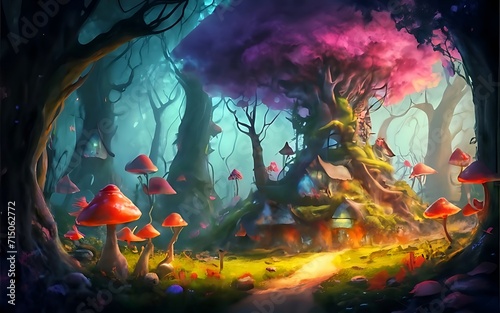 Digital fantasy forest landscape illustration with magic trees, mushrooms, concept art style painting with nature. Summer village artwork with wonderful colors, 3d render generative ai