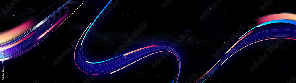 Obraz premium Dark abstract background with glowing wave. Shiny moving lines design element. Modern purple blue gradient flowing wave lines. Futuristic technology concept.
