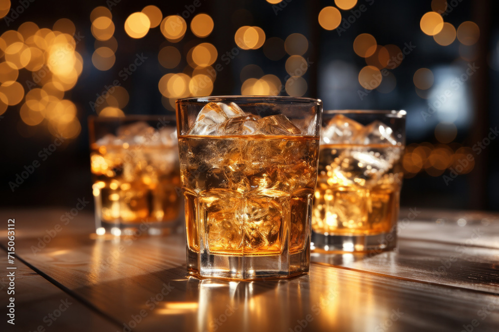 A golden whiskey, served in a glass with ice on a rustic wooden bar counter. A golden whiskey, served in a glass with ice on a rustic wooden bar counter.