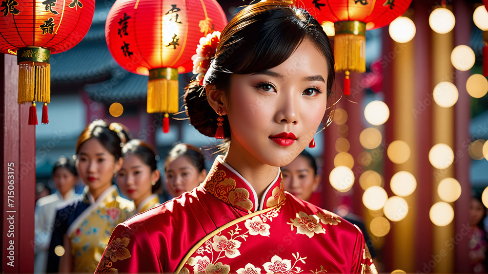 portrait a beautiful girl , women wearing a cheongsam,  chinese new year's eve, asian girl in traditional suit, chinese new year background