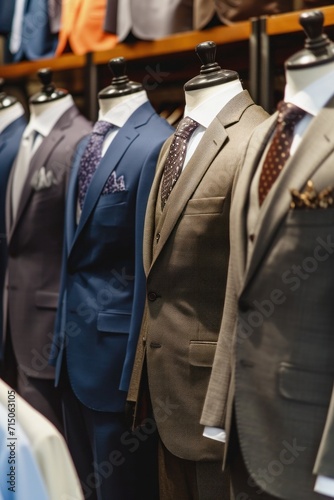 Boutique features modern and fashionable suits, shirts, and business attire, emphasizing elegance and professional style.