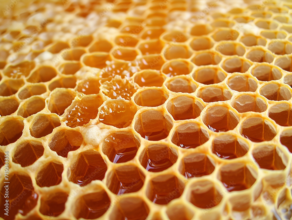 Fresh honey in honeycombs close-up in warm light