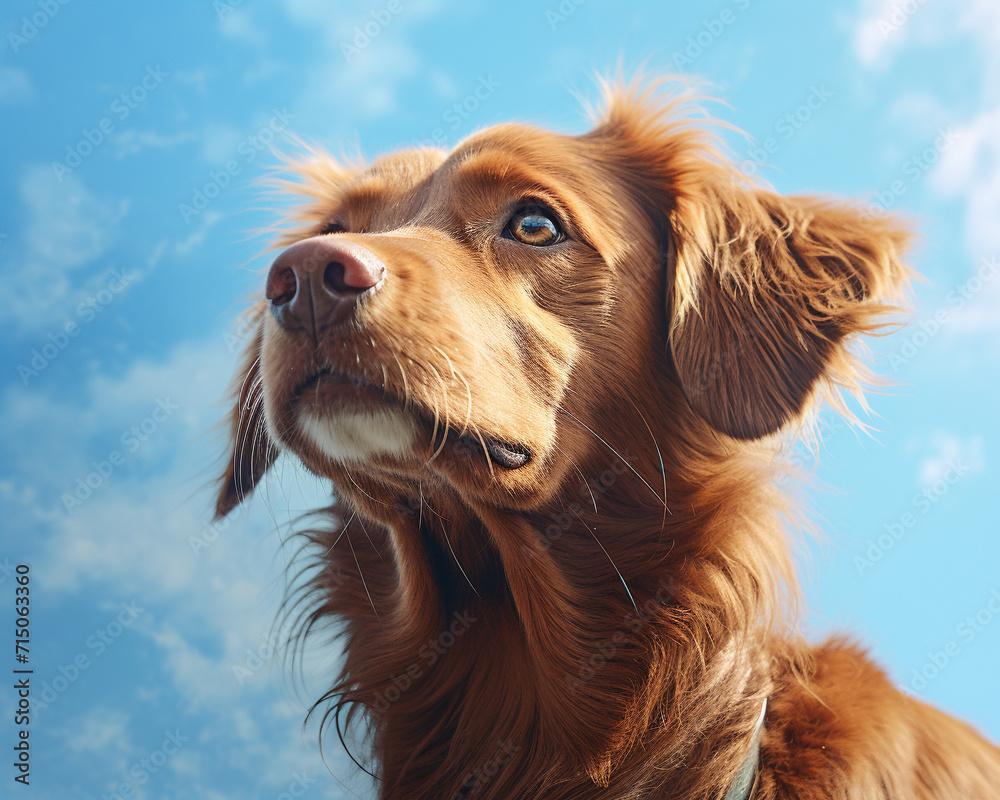 Close up dog on blue sky background