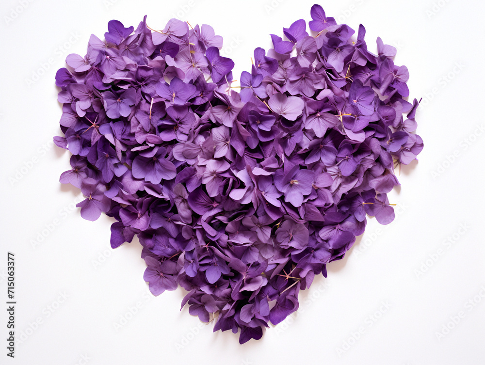 Fototapeta premium Heart made with petal of purple flowers on white background with copy space