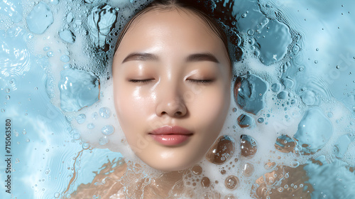 Asian girl face with closed eyes in water, skin water balance, advertising photo photo