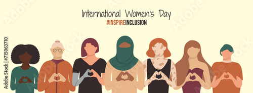 InspireInclusion 2024 International Women's Day banner. Multiracial crowd of disabled, different figure, ages and color feminine. Diversity Girls with prosthesis and vitiligo or depigmentation skin photo
