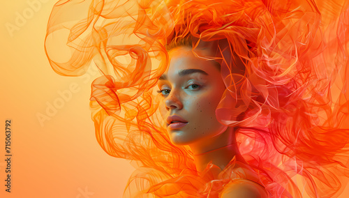 A vibrant woman with fiery orange locks adorned with a delicate hairpiece and cascading ringlets stands confidently, her unique hair coloring an expression of her artistic individuality photo