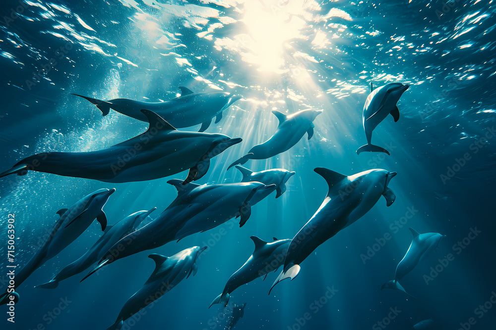 Obraz premium A mesmerizing scene unfolds as a pod of sleek dolphins gracefully glide through the crystal clear waters, their fins cutting through the aquatic world with effortless beauty