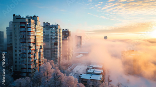 Residential Apartment home Buildings covered in fog at winter sunrise. Modern Cityscape photo