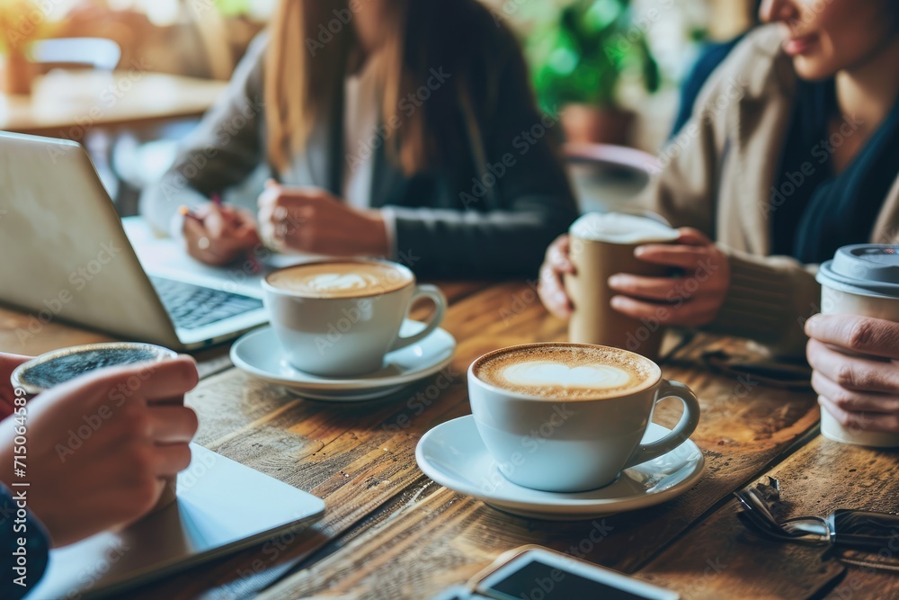 Coworkers look at a laptop together as they drink takeaway coffees. Coworkers look at a laptop together as they drink takeaway coffees.
