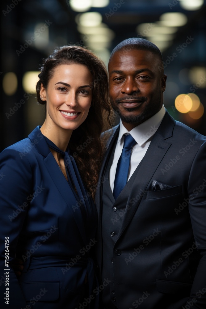A happy and successful business couple, epitomizing teamwork and togetherness in a modern corporate setting. A happy and successful business couple, epitomizing teamwork and togetherness in a modern corporate setting.