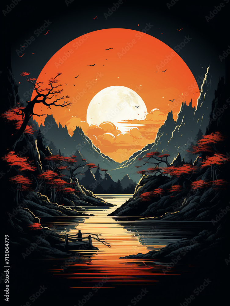T-shirt design, Chinese traditional festival Mid-Autumn Festival, the moon, mountains, lakes, minimalist scenery created with Generative Ai T-shirt design, Chinese traditional festival Mid-Autumn Festival, the moon, mountains, lakes, minimalist scenery created with Generative Ai