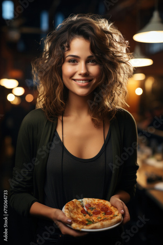 A cheerful and confident young woman  possibly an entrepreneur or waitress  in a restaurant or cafe setting.
