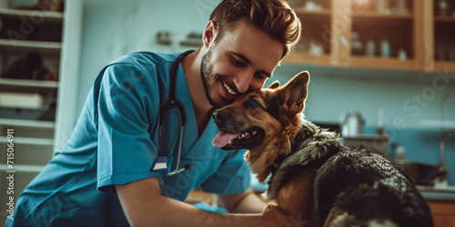 Male veterinarian bonding with German Shepherd dog. Animal healthcare and veterinary profession concept. Design for pet care education, vet clinic promotional material, animal welfare poster
